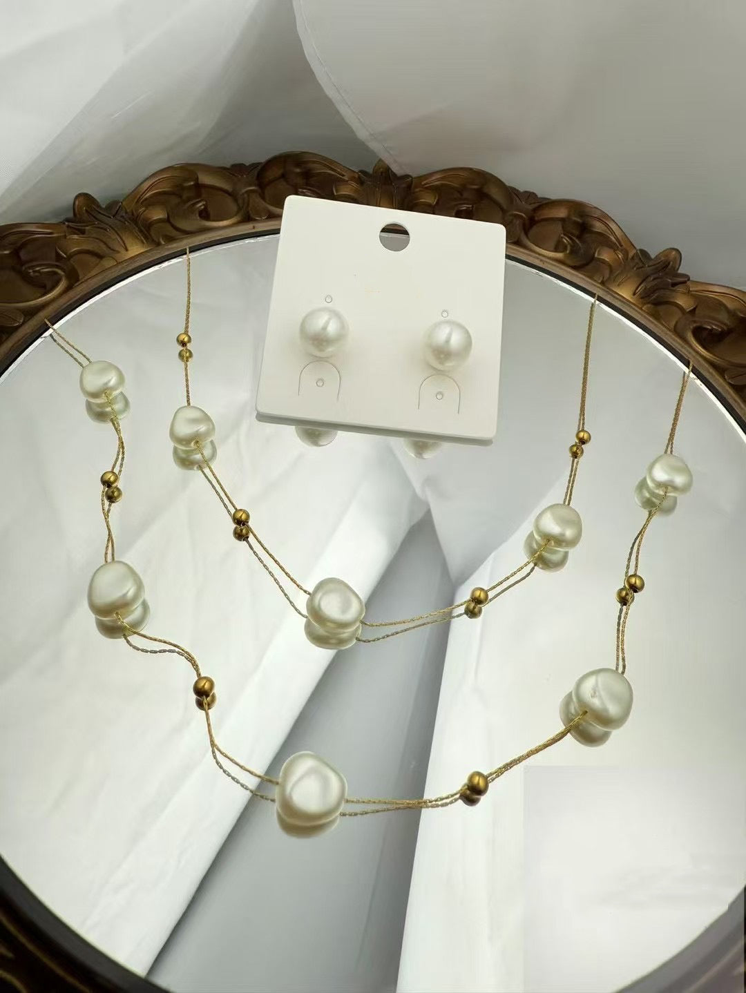 Layered Pearl Necklace & Earrings Set – Gold Color Accents(45)