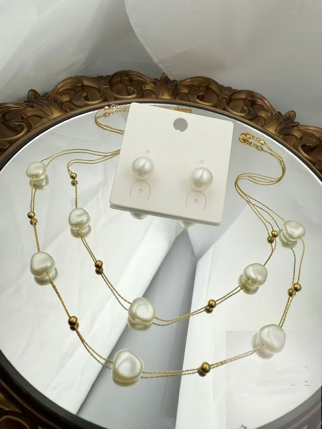 Layered Pearl Necklace & Earrings Set – Gold Color Accents(45)