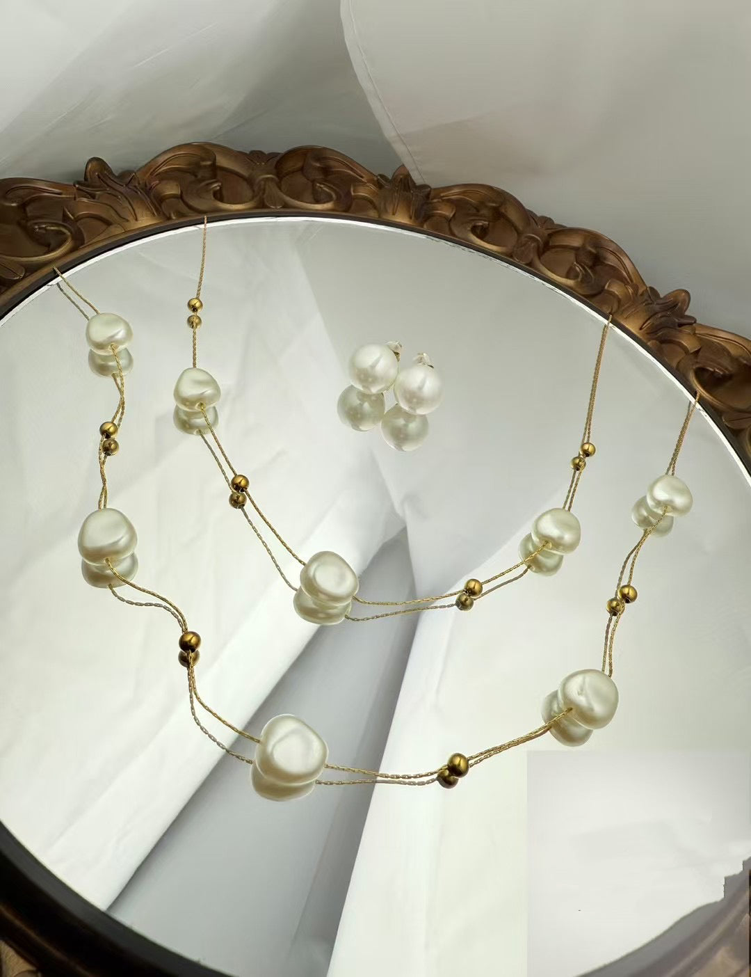 Layered Pearl Necklace & Earrings Set – Gold Color Accents(45)