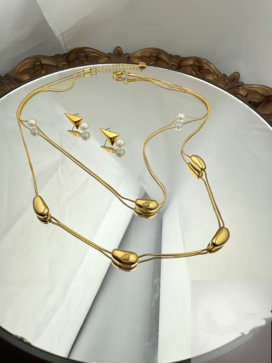 Gold Color Stainless Steel Layered Necklace & Earrings Set – Modern Geometric Design(43)