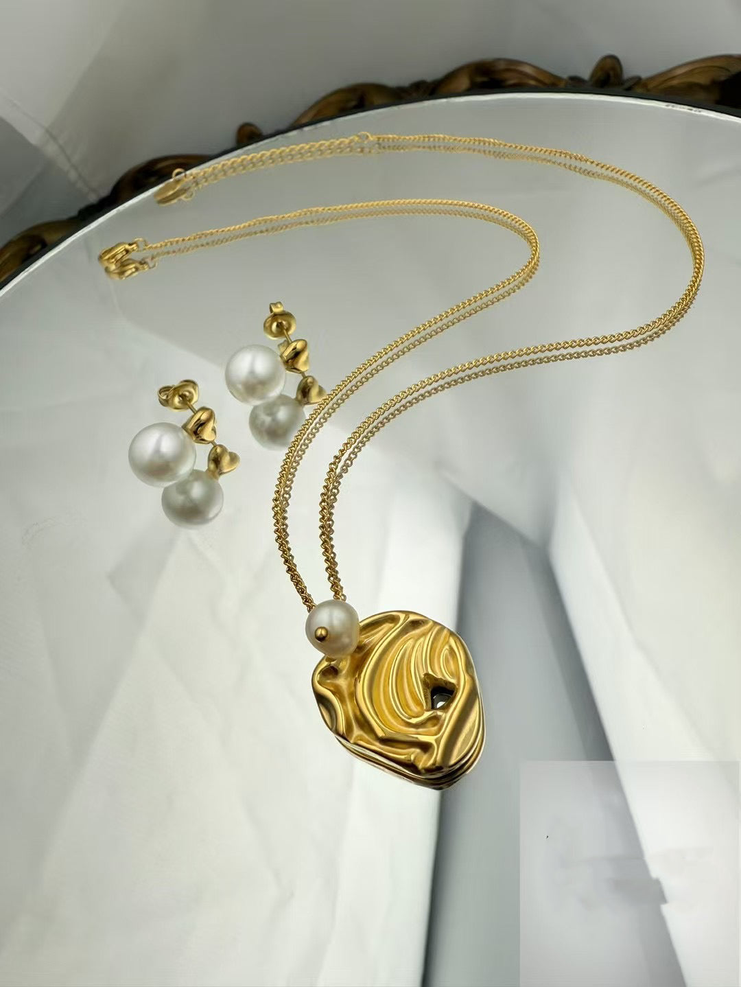 Gold Color Stainless Steel Pearl Necklace & Earrings Set – Artistic Pendant Design(47)
