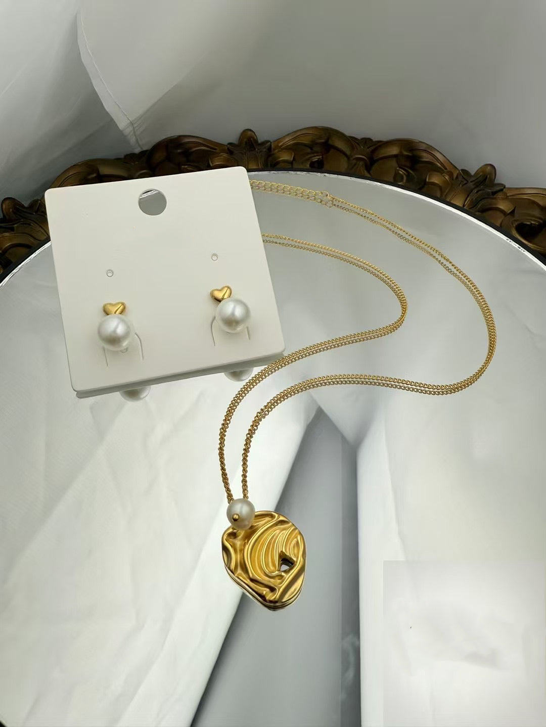 Gold Color Stainless Steel Pearl Necklace & Earrings Set – Artistic Pendant Design(47)