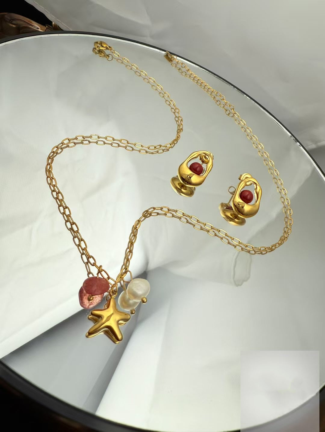 Gold Color Stainless Steel Necklace & Earrings Set – Star & Gemstone Charms(62)