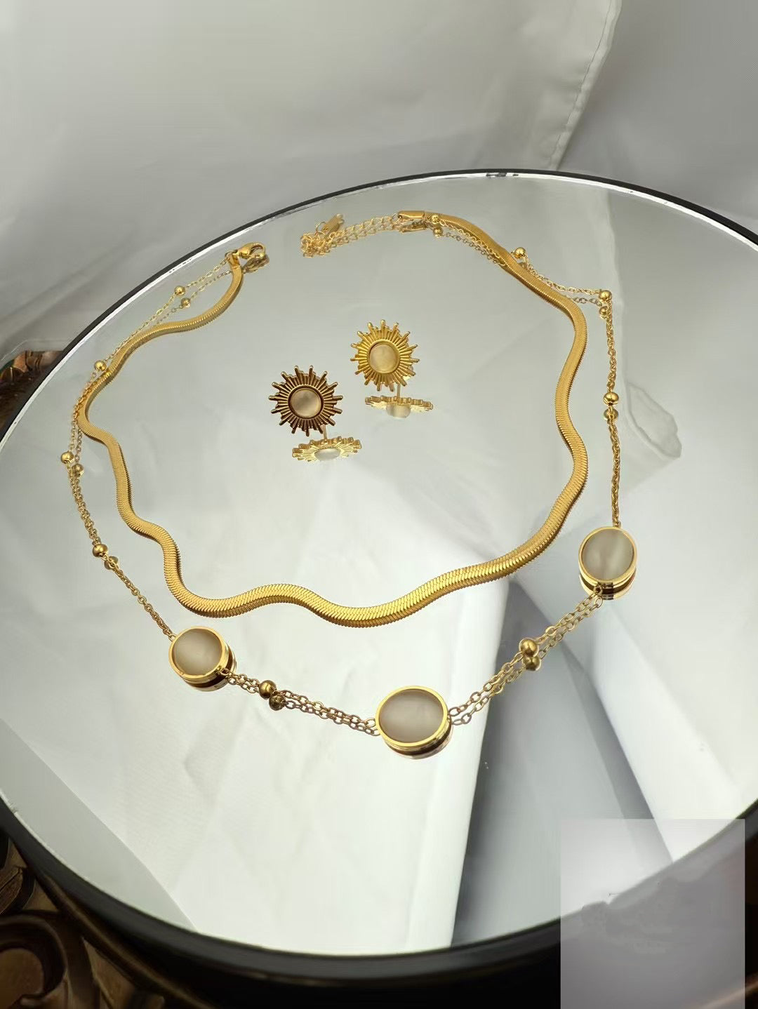 Gold Color Stainless Steel Layered Necklace & Earrings Set – Sun & Stone Design(72)