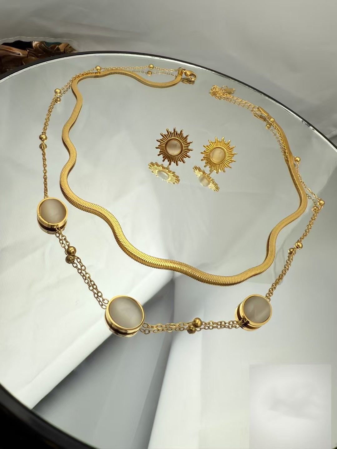 Gold Color Stainless Steel Layered Necklace & Earrings Set – Sun & Stone Design(72)