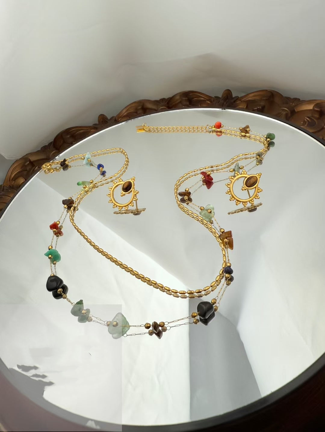 Gold Color Stainless Steel Layered Necklace & Earrings Set – Colorful Gemstone Design(56)