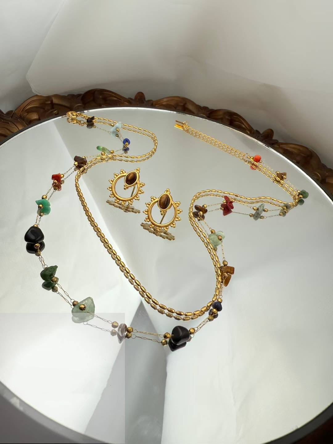 Gold Color Stainless Steel Layered Necklace & Earrings Set – Colorful Gemstone Design(56)