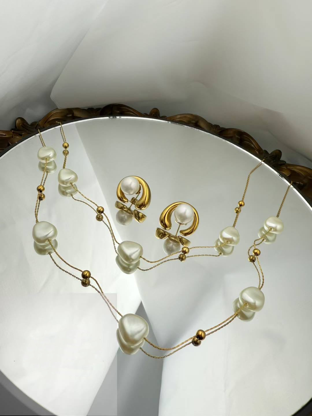 Gold Color Stainless Steel Pearl Layered Necklace & Earrings Set – Modern Elegance(46)