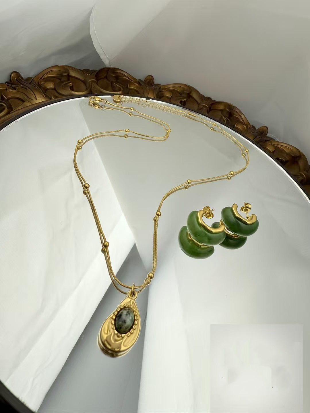Gold Color Stainless Steel Necklace & Earrings Set – Vintage Stone & Green Accents(57)