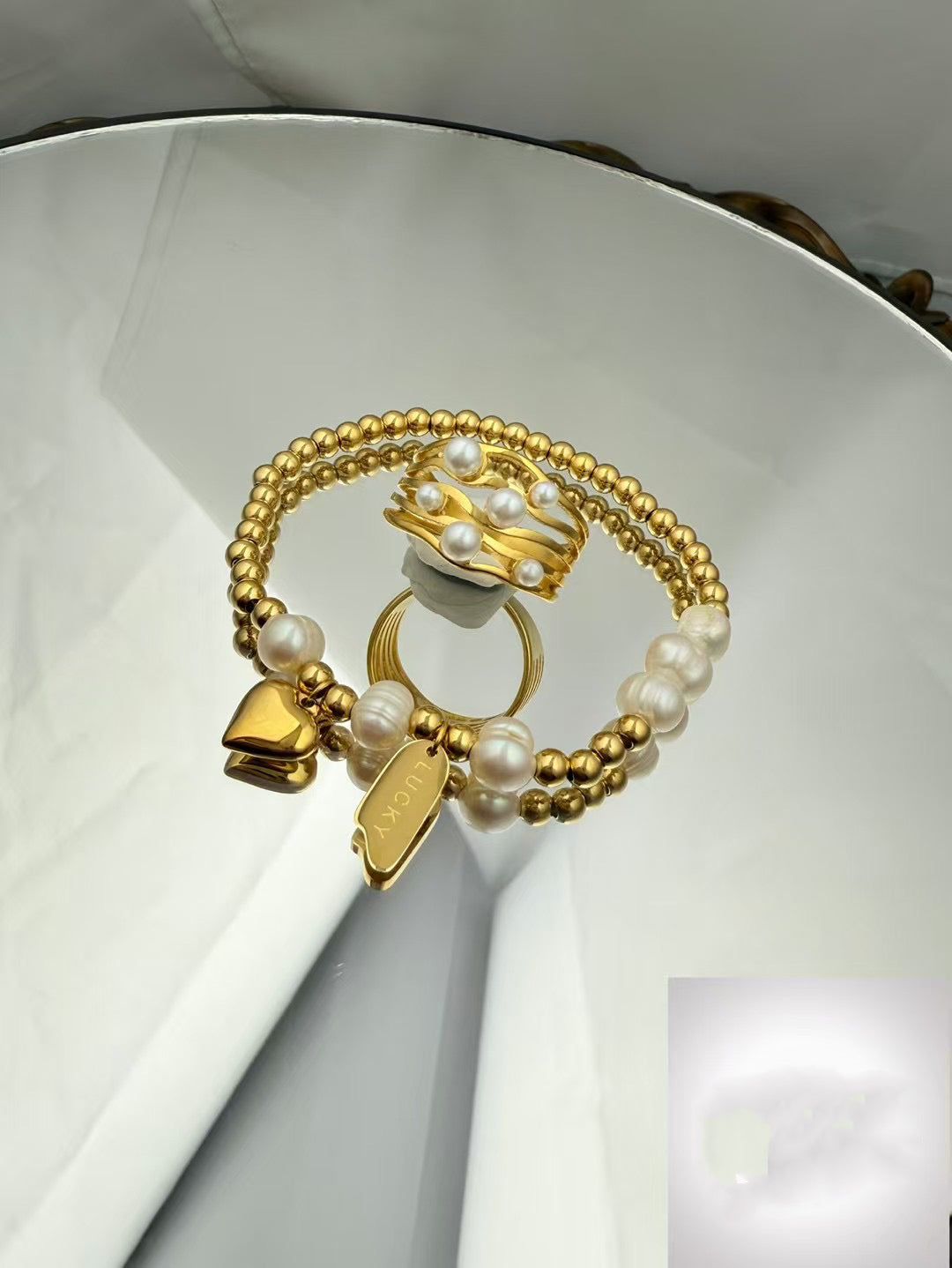 Gold Color Stainless Steel Bracelet & Pearl Ring Set – Lucky Charm Design