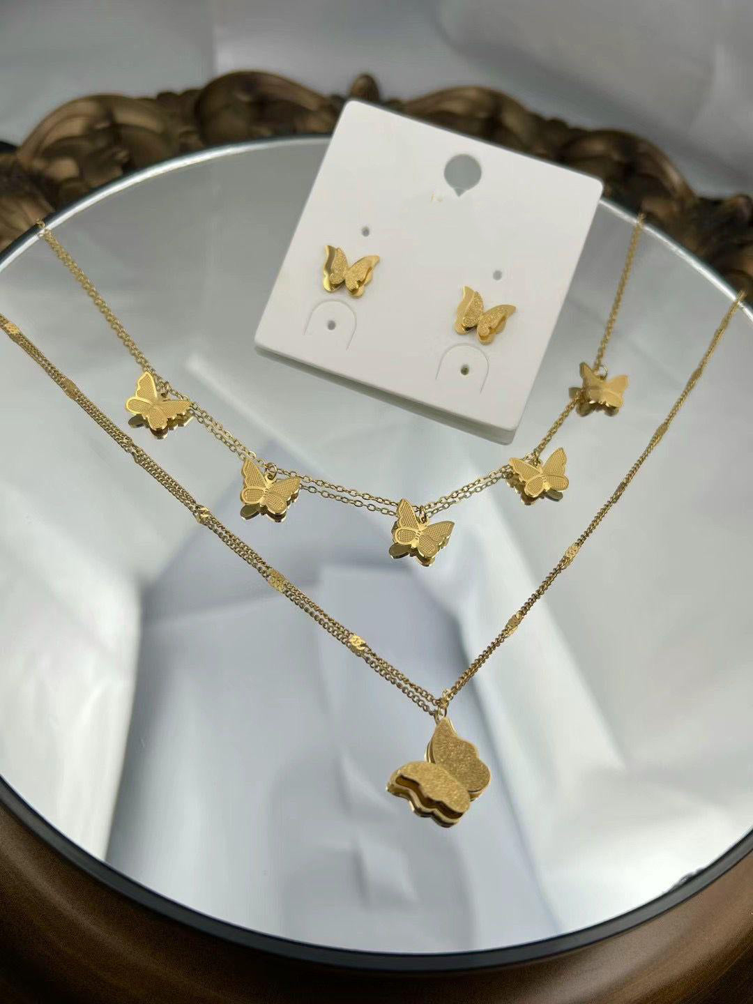 Gold Color Stainless Steel Butterfly Layered Necklace & Earrings Set(85)