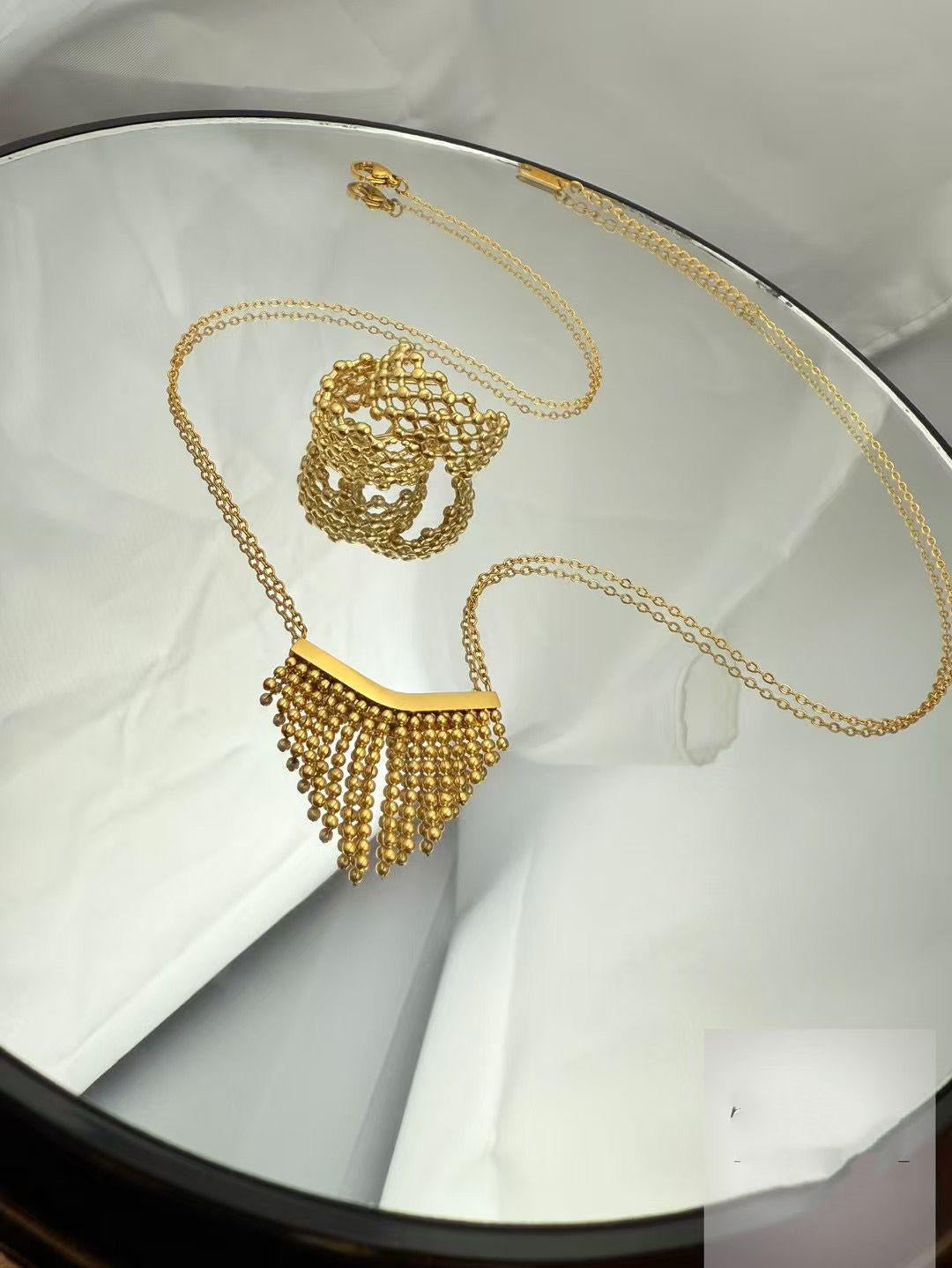 Gold Color Stainless Steel Fringe Necklace – Statement Beaded Design(65)