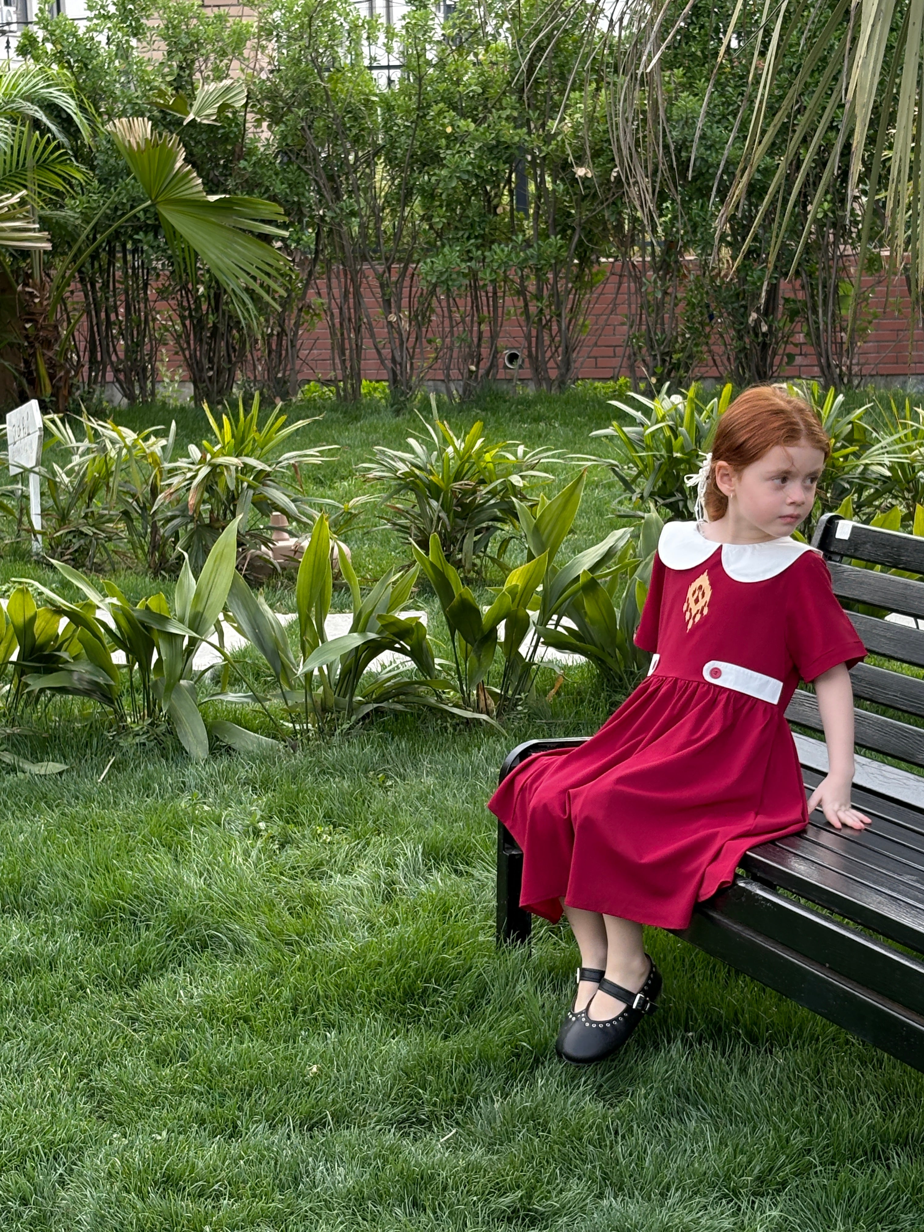 Classic Summer Embroidered Dress β Wine Red with White Collar