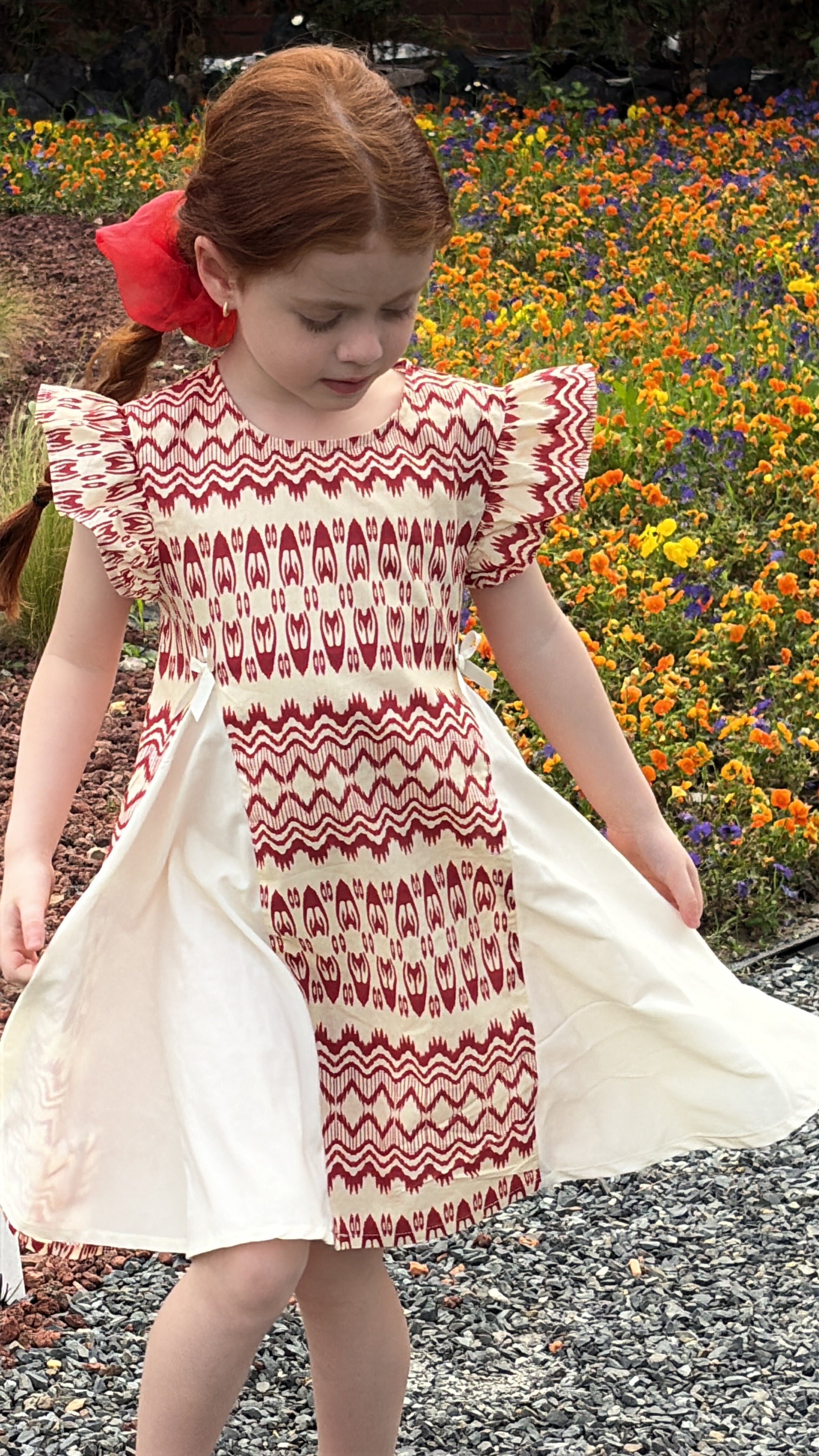 “Crimson Petal” Ikat Atlas Cotton Dress – Princess Cut, Lightweight & Cool