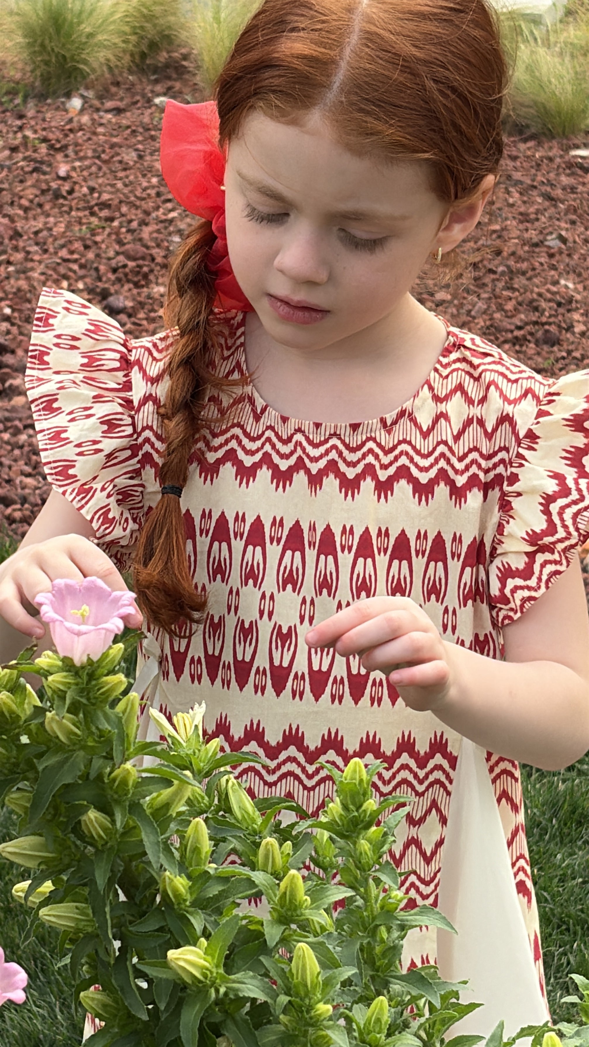 “Crimson Petal” Ikat Atlas Cotton Dress – Princess Cut, Lightweight & Cool