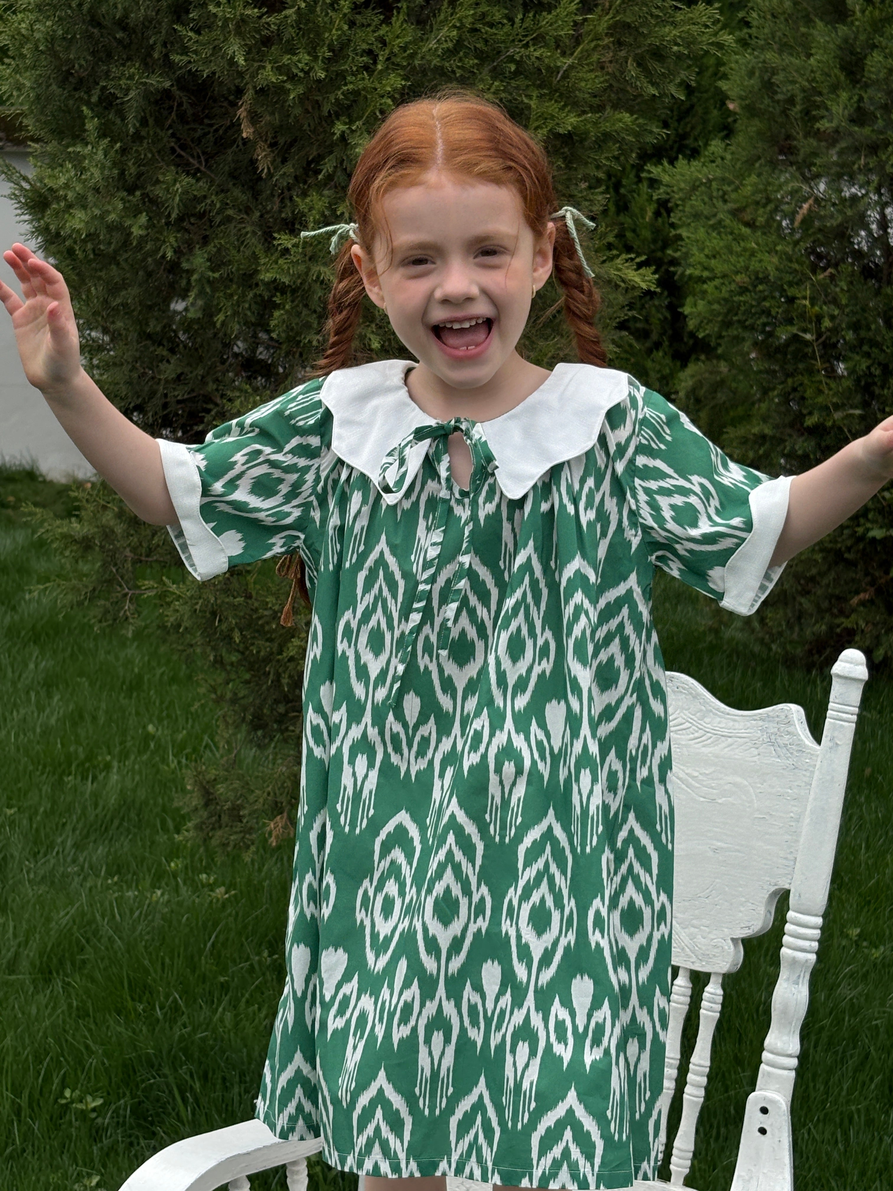 Green Ikat Cotton Dress with White Collar