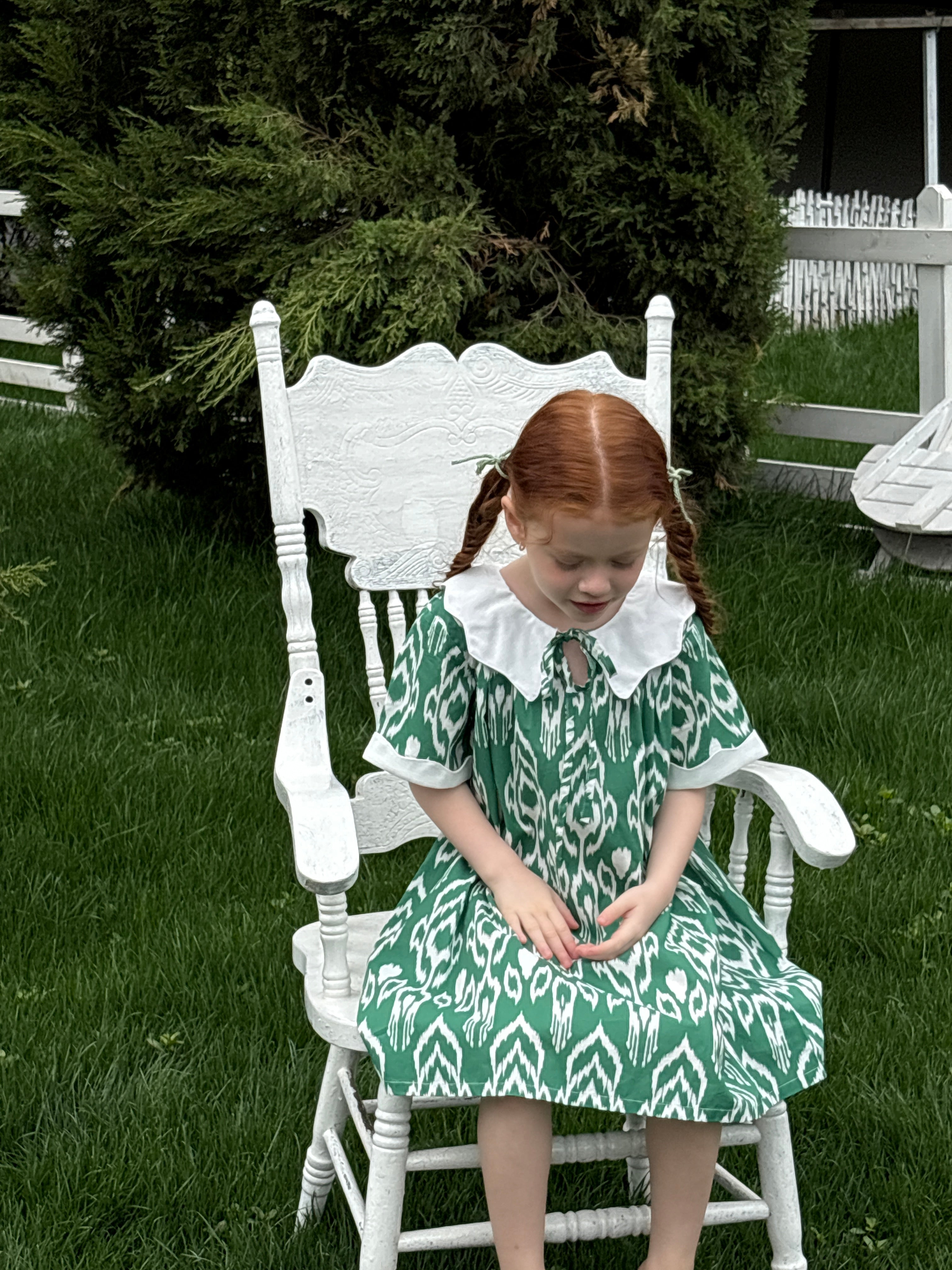 Green Ikat Cotton Dress with White Collar