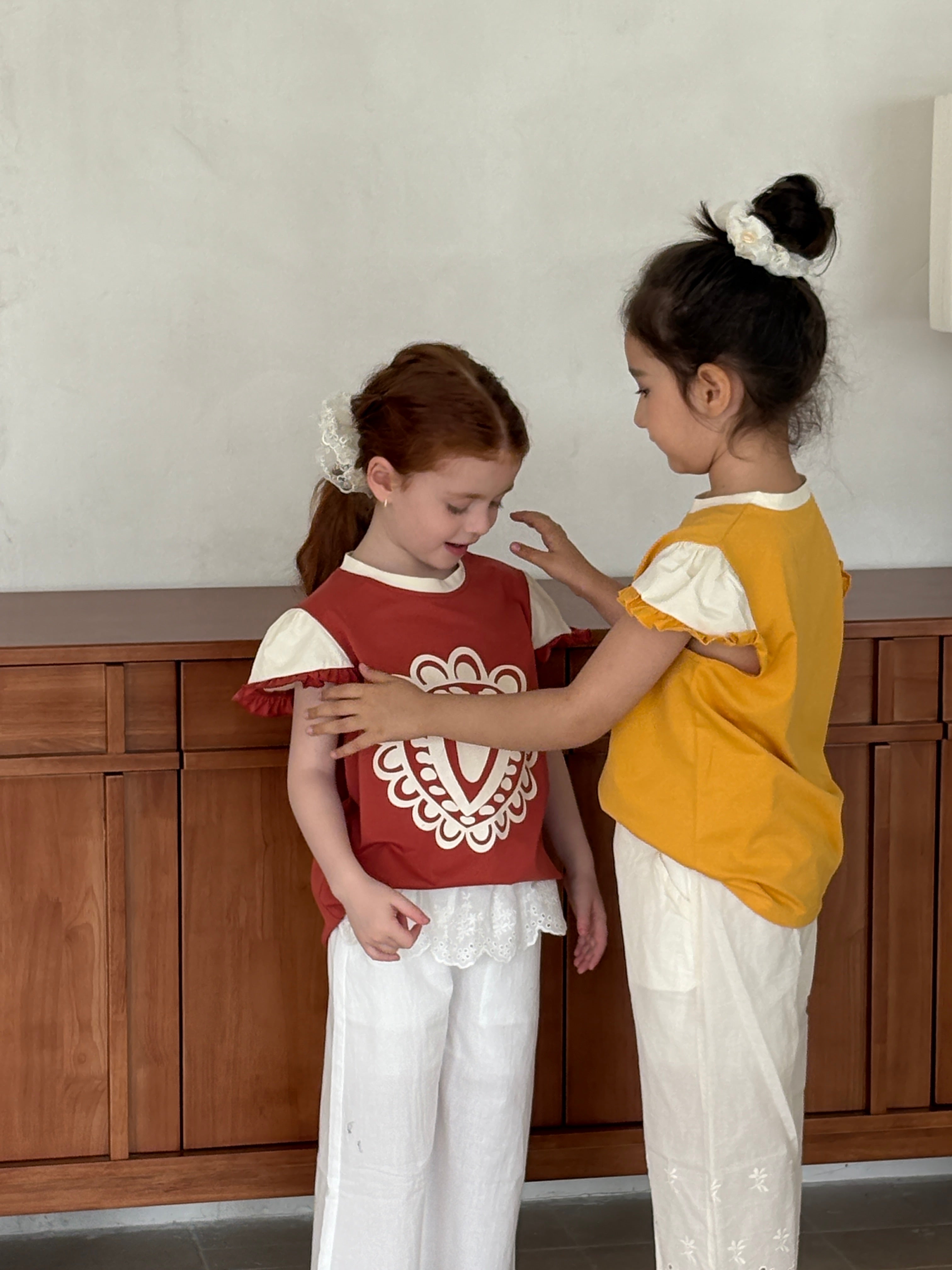 Badam Bloom Cotton Top with Lace Trim – Mustard & Brick Red