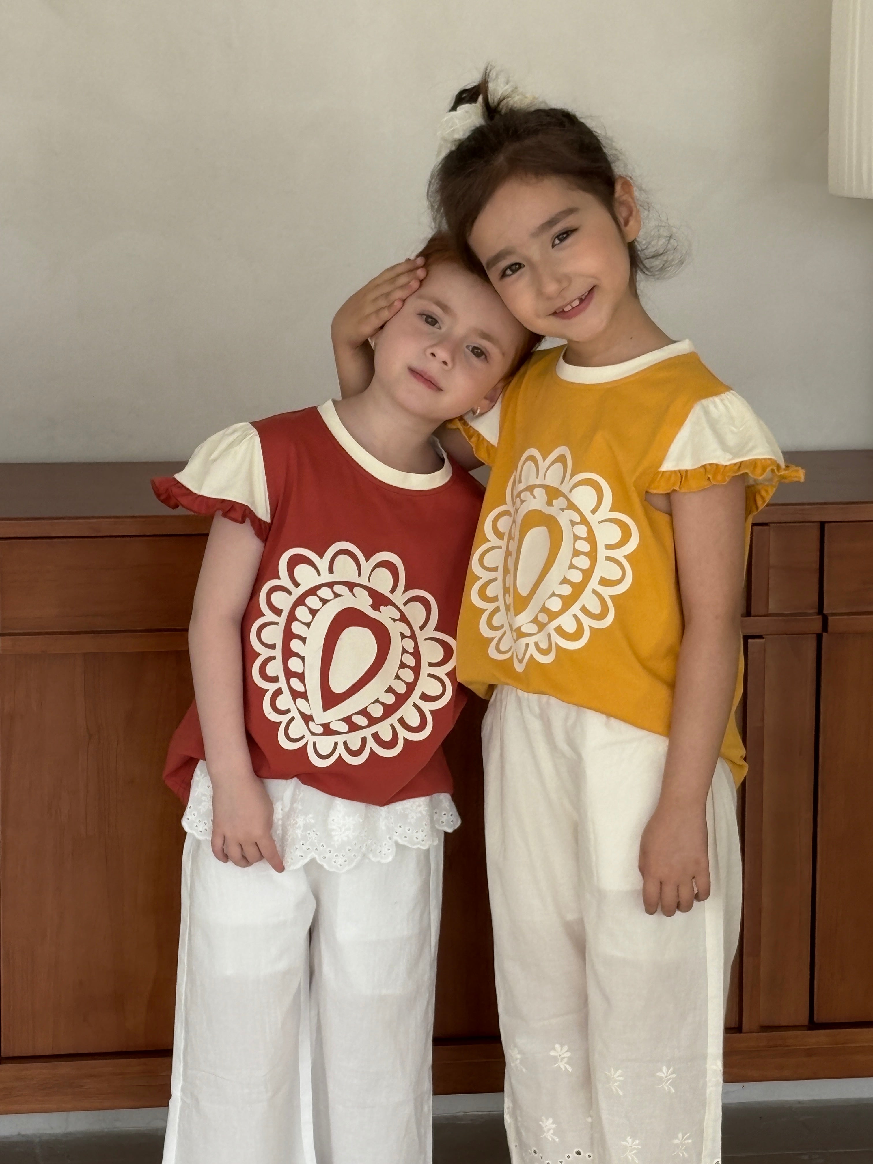 Badam Bloom Cotton Top with Lace Trim – Mustard & Brick Red