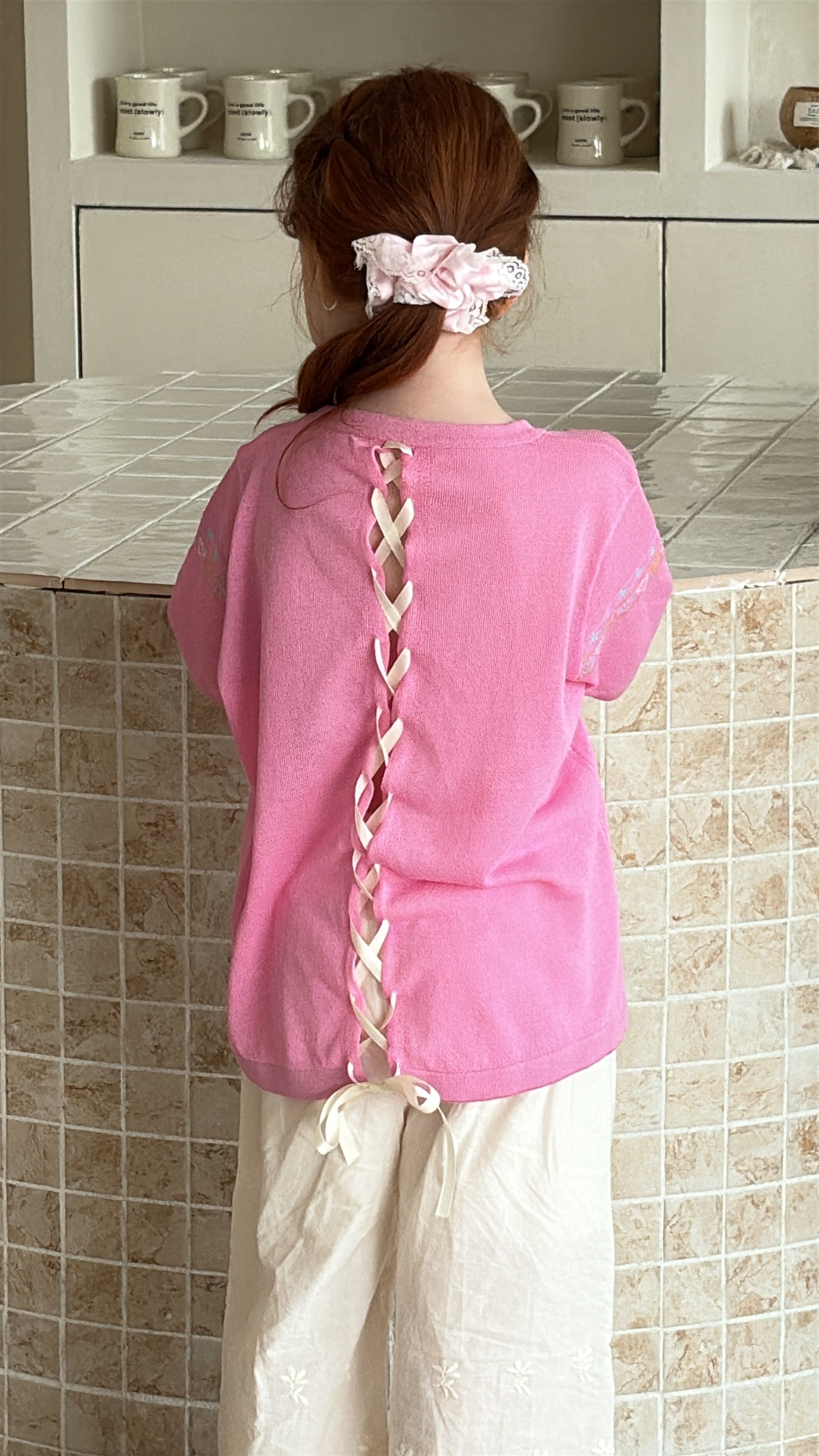 Pink Silk-Feel Tee with Ethnic Embroidery & Lace-Up Back