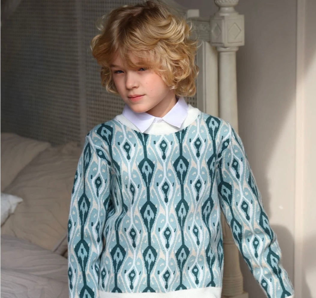 Vintage Atlas Pattern Boys’ Long Sleeve Pullover – Fall/Winter Style