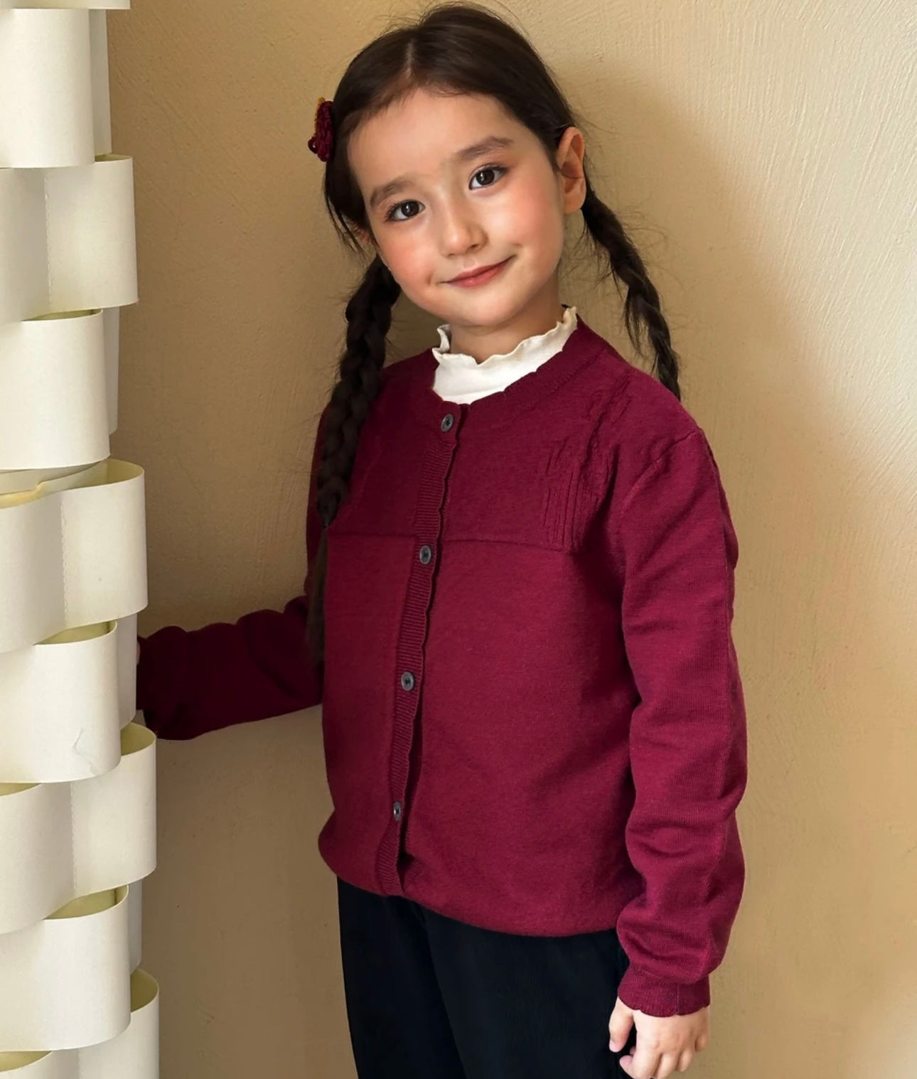 Girls' Retro Knit Cardigan with Raised Atlas Embroidery – Burgundy