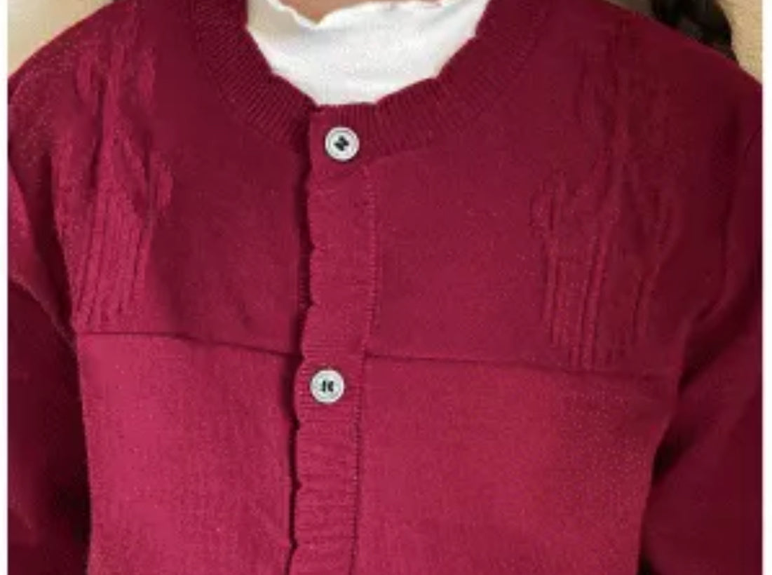 Girls' Retro Knit Cardigan with Raised Atlas Embroidery – Burgundy