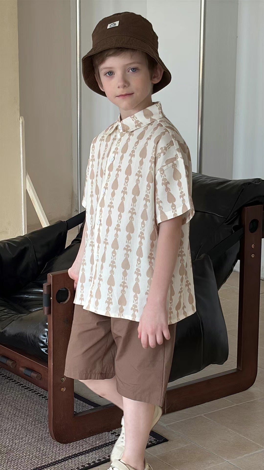 “Desert Leaf” Boys’ Ikat/ Atlas Cotton Shirt – Elegant Neutral Tones | 100% Cotton