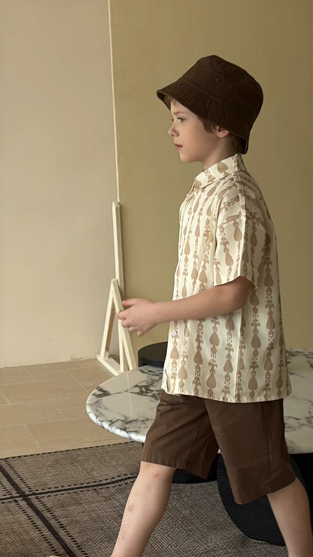 “Desert Leaf” Boys’ Ikat/ Atlas Cotton Shirt – Elegant Neutral Tones | 100% Cotton