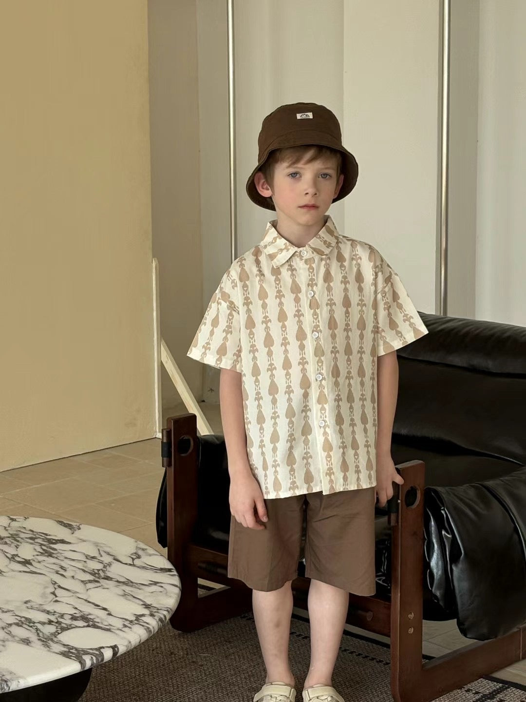 “Desert Leaf” Boys’ Ikat/ Atlas Cotton Shirt – Elegant Neutral Tones | 100% Cotton