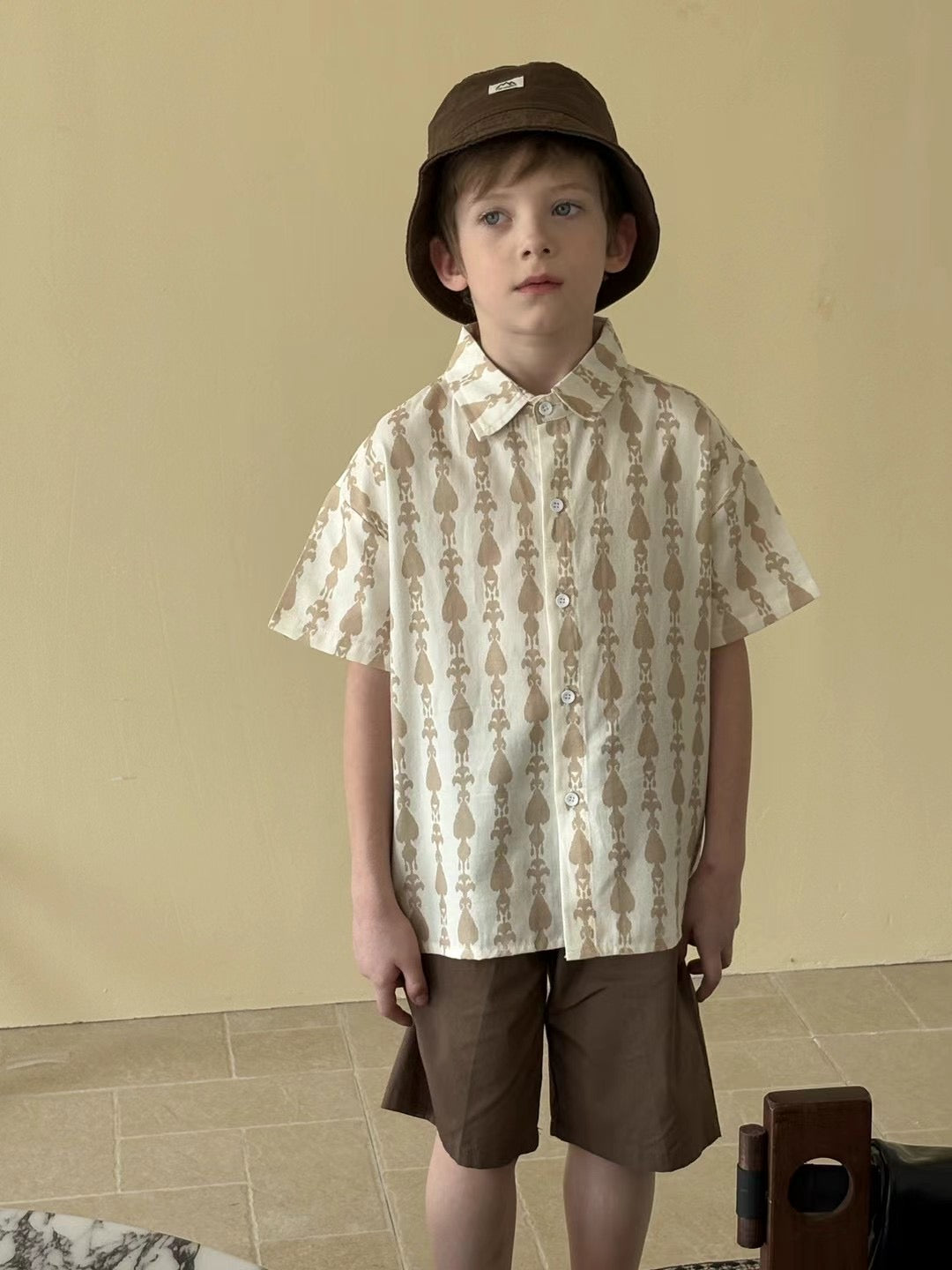 “Desert Leaf” Boys’ Ikat/ Atlas Cotton Shirt – Elegant Neutral Tones | 100% Cotton