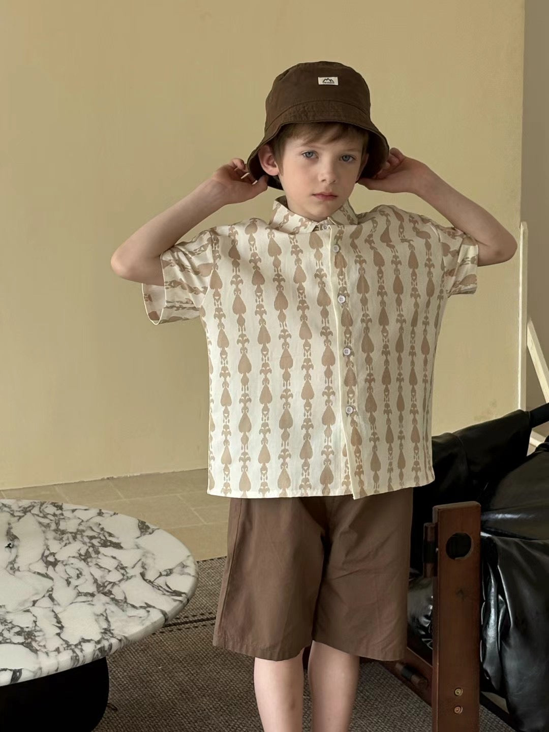 “Desert Leaf” Boys’ Ikat/ Atlas Cotton Shirt – Elegant Neutral Tones | 100% Cotton