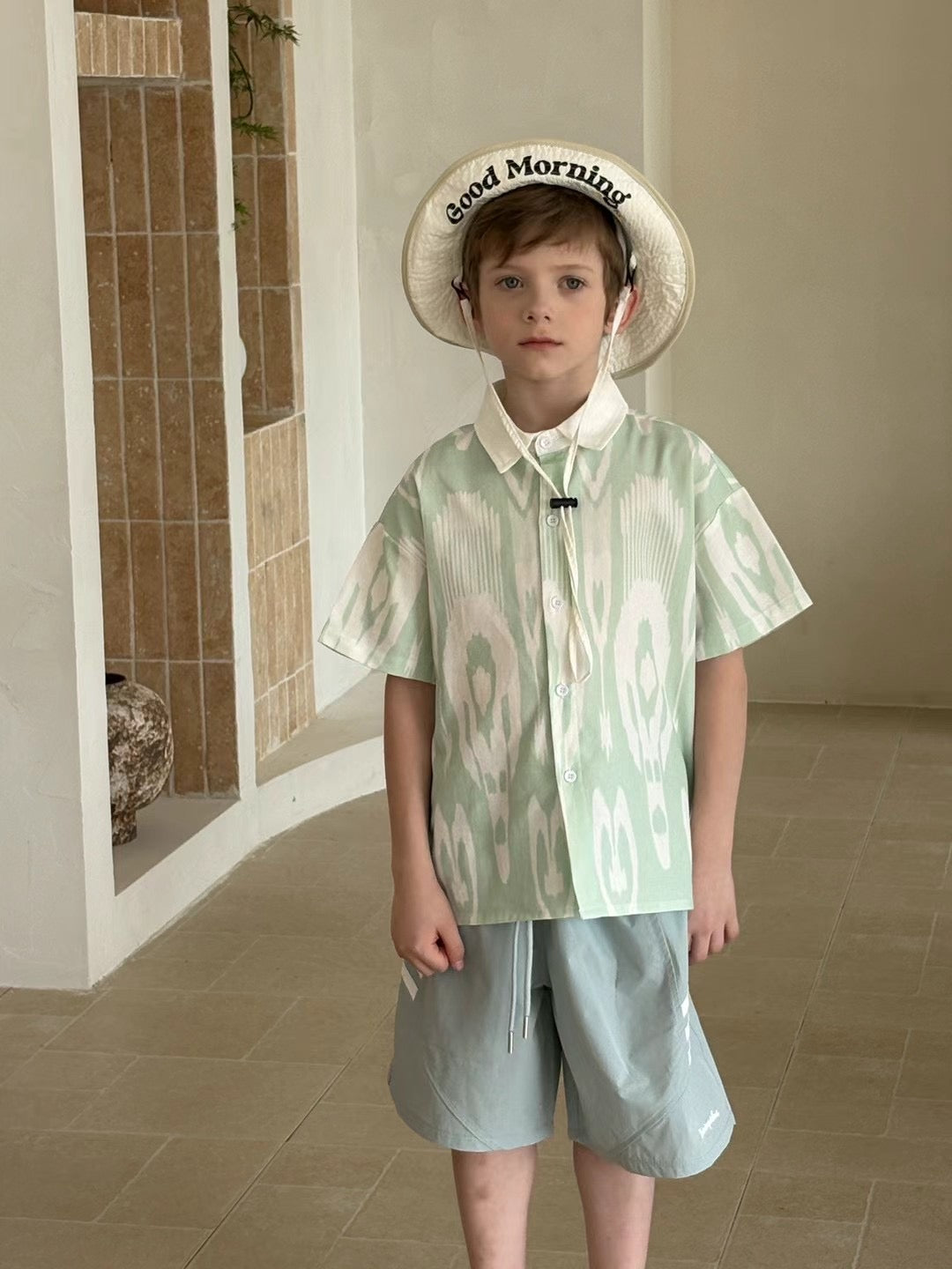 “Mint Nomad” Boys’ Atlas Ikat Shirt – 100% Cotton | Uzbek-Inspired Summer Style