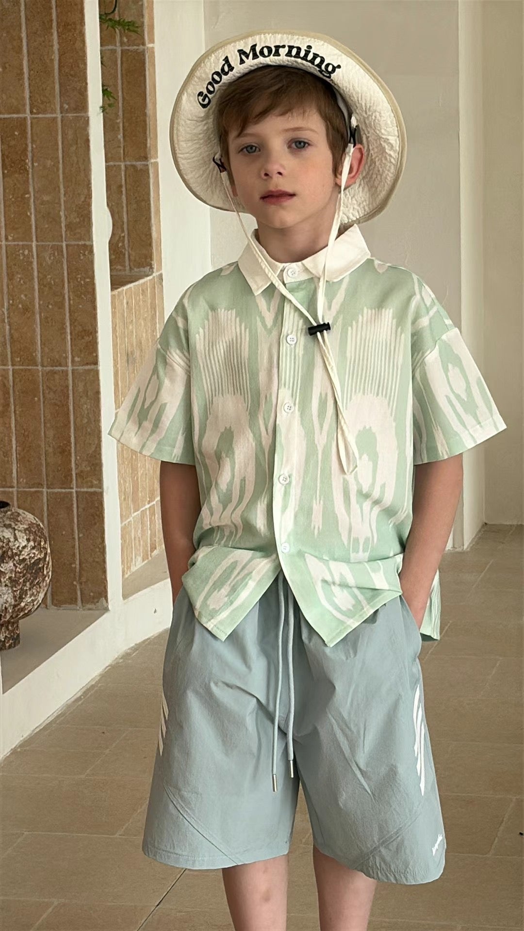 “Mint Nomad” Boys’ Atlas Ikat Shirt – 100% Cotton | Uzbek-Inspired Summer Style