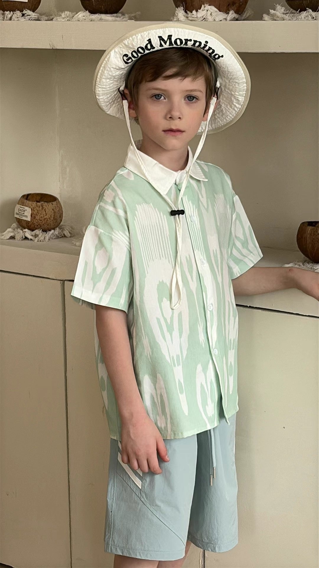 “Mint Nomad” Boys’ Atlas Ikat Shirt – 100% Cotton | Uzbek-Inspired Summer Style