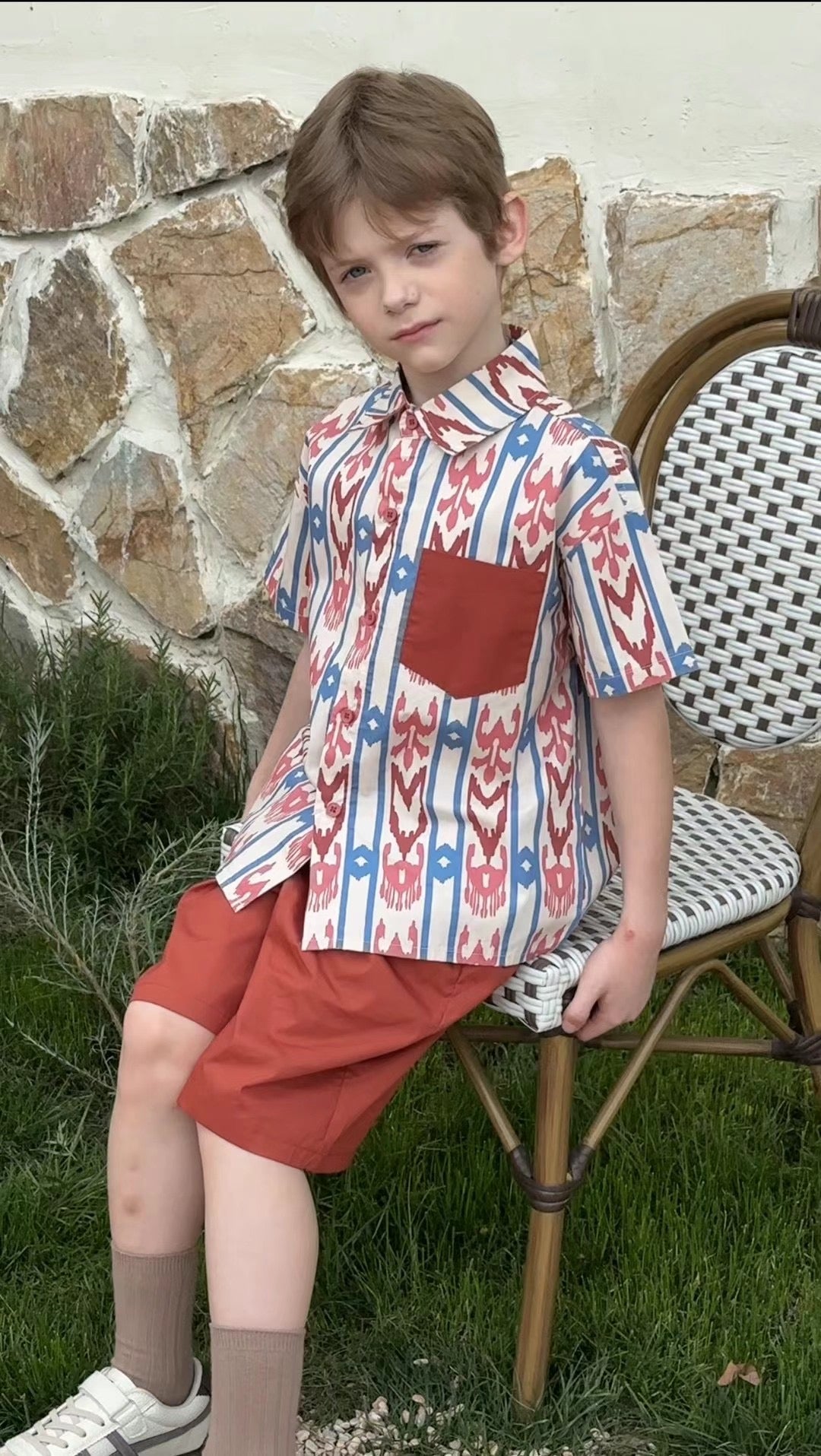 Boys’ 2-Piece Atlas Ikat Set – Rust Red/Blue & Stone Brown