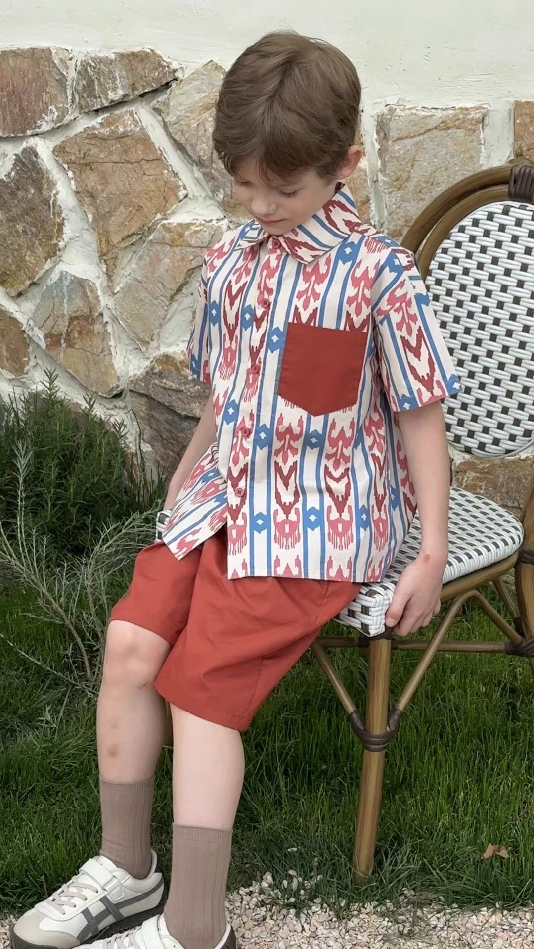 Boys’ 2-Piece Atlas Ikat Set – Rust Red/Blue & Stone Brown
