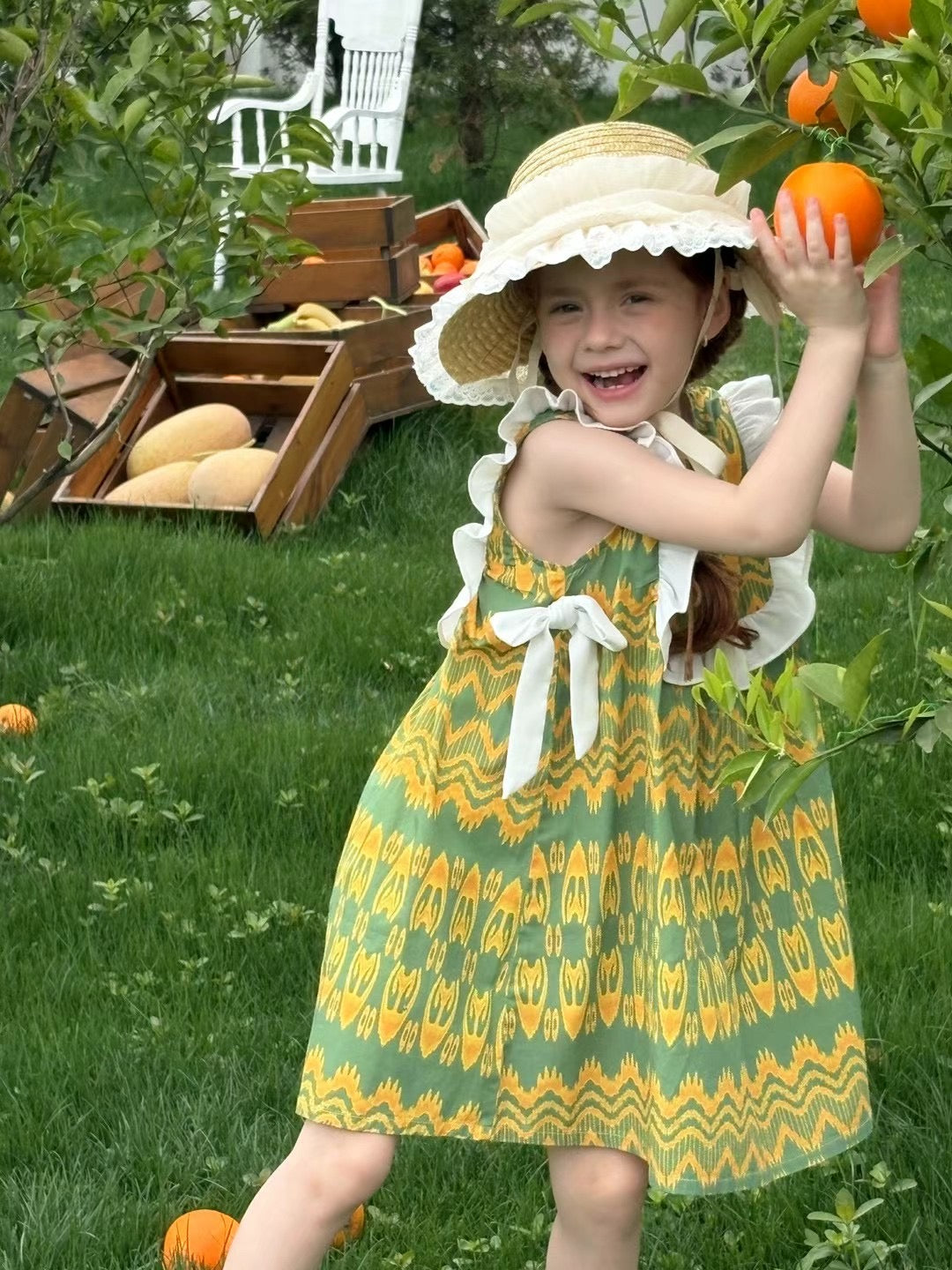 “Citrus Grove” Atlas Cotton Dress – Ruffle Shoulder | Summer Green Edition