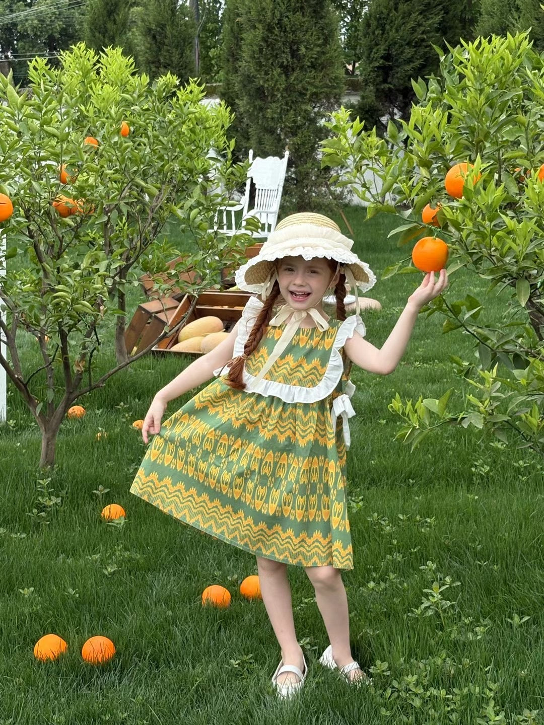 “Citrus Grove” Atlas Cotton Dress – Ruffle Shoulder | Summer Green Edition