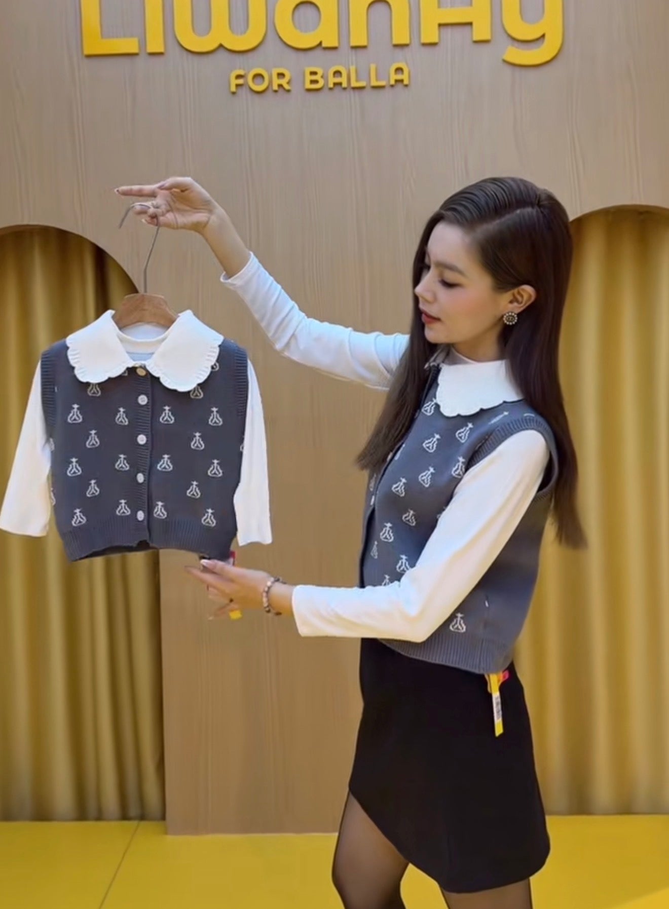 Grey Ikat Knit Vest with Scalloped Collar