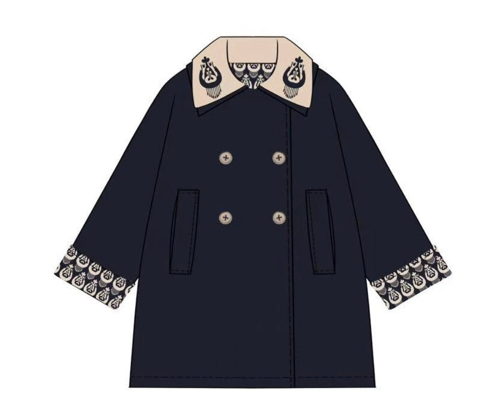 Navy & Brown Embroidered Trench Coat