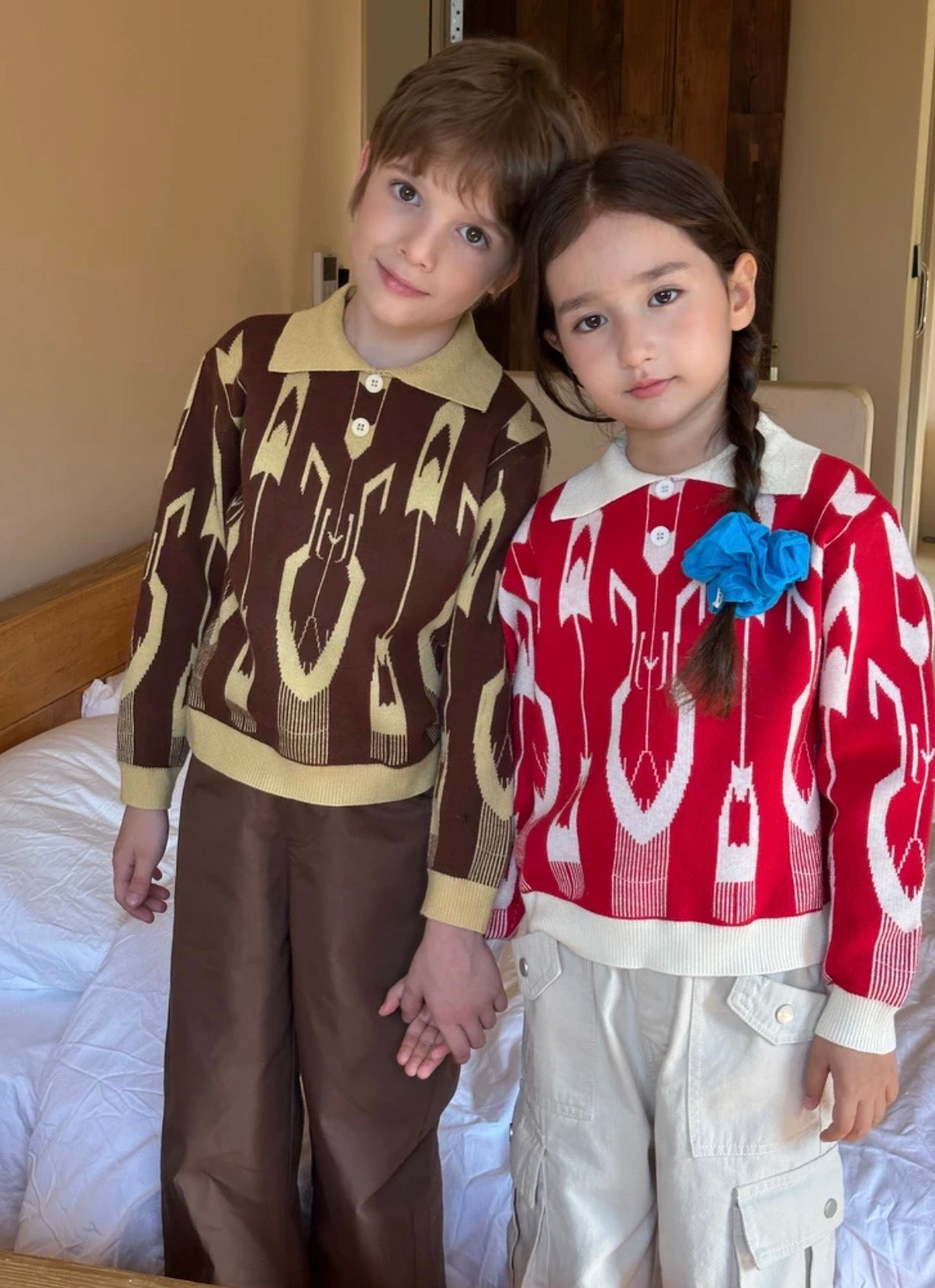 Kids’ Ikat Knit Polo Sweater — Red & Brown