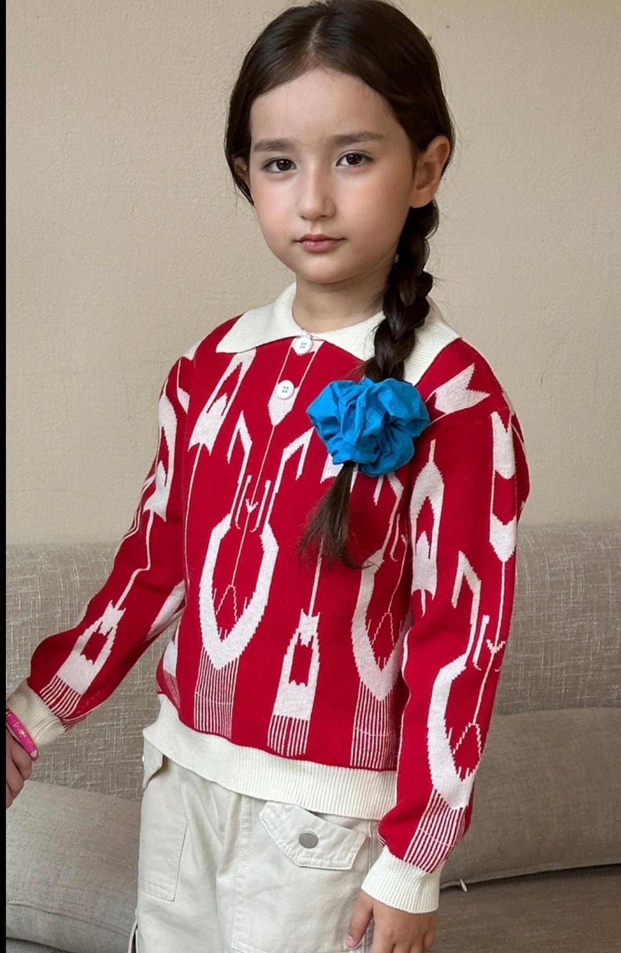 Kids’ Ikat Knit Polo Sweater — Red & Brown