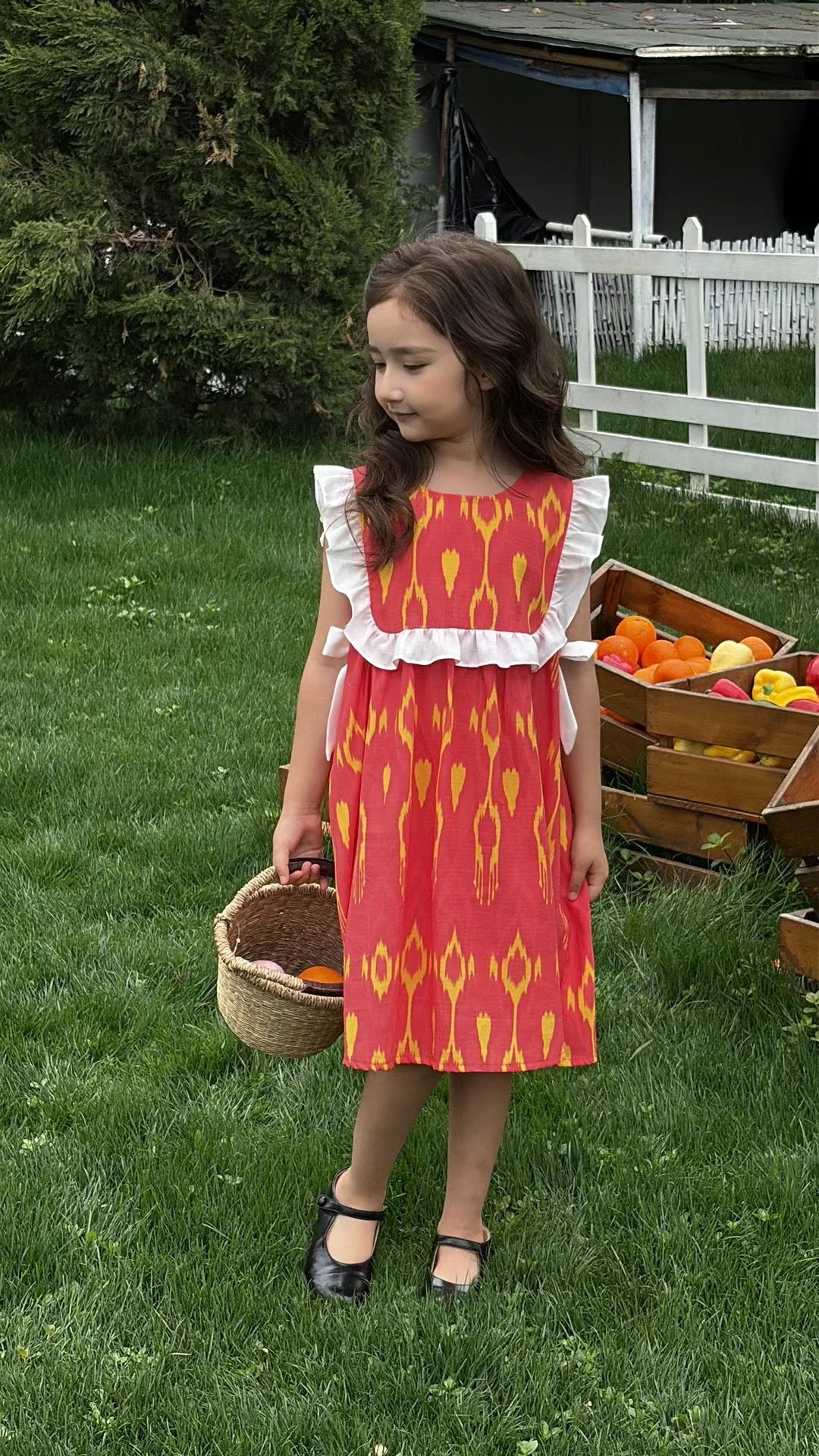 “Sunberry Bloom” Atlas Cotton Dress – Red & Gold | Ruffle Shoulder Summer Style