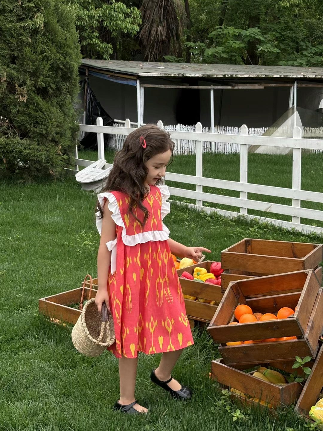 “Sunberry Bloom” Atlas Cotton Dress – Red & Gold | Ruffle Shoulder Summer Style