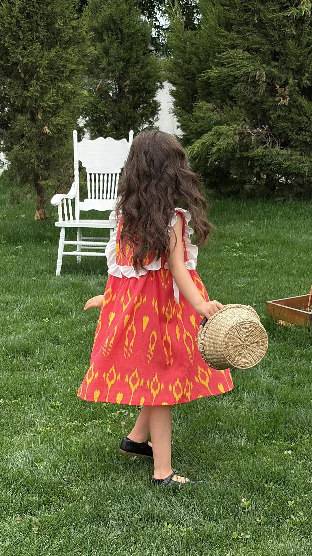 “Sunberry Bloom” Atlas Cotton Dress – Red & Gold | Ruffle Shoulder Summer Style