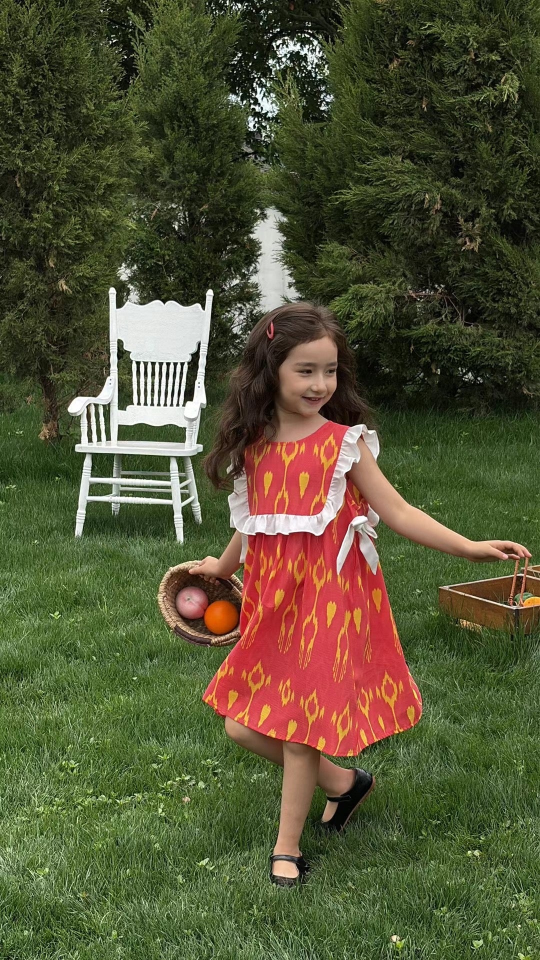 “Sunberry Bloom” Atlas Cotton Dress – Red & Gold | Ruffle Shoulder Summer Style