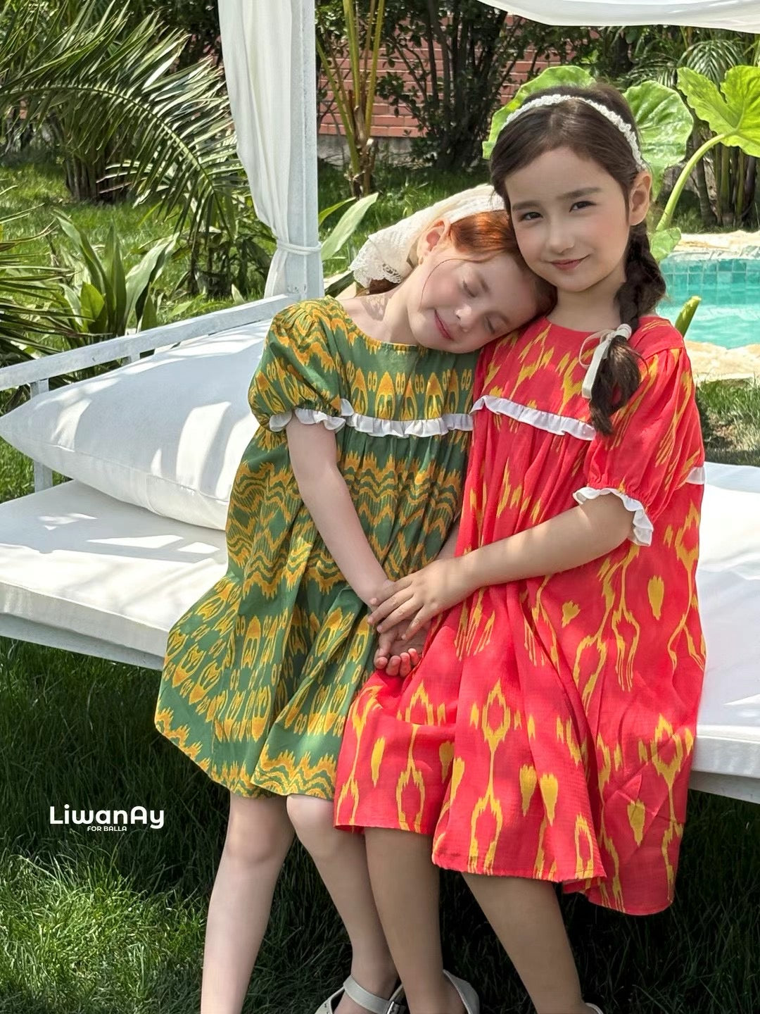 “Meadowlight” Atlas Cotton Puff Sleeve Dress – Bright Yellow on Green