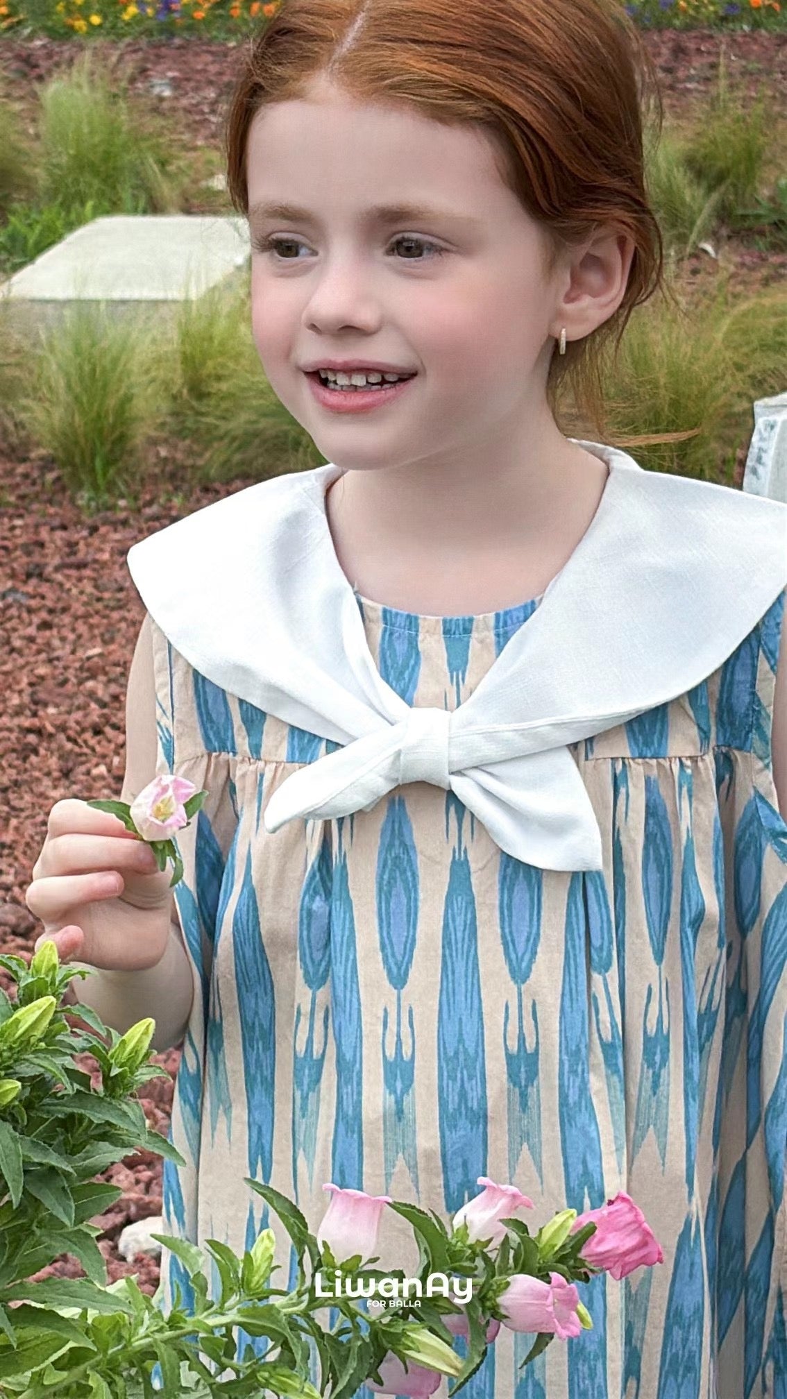 “Bluebell Breeze” Ikat Atlas Cotton Dress – Sailor Collar & Summer Charm