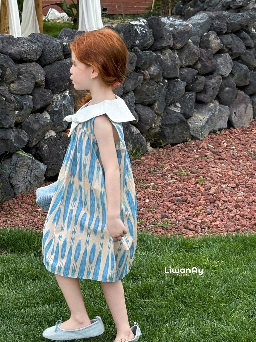 “Bluebell Breeze” Ikat Atlas Cotton Dress – Sailor Collar & Summer Charm